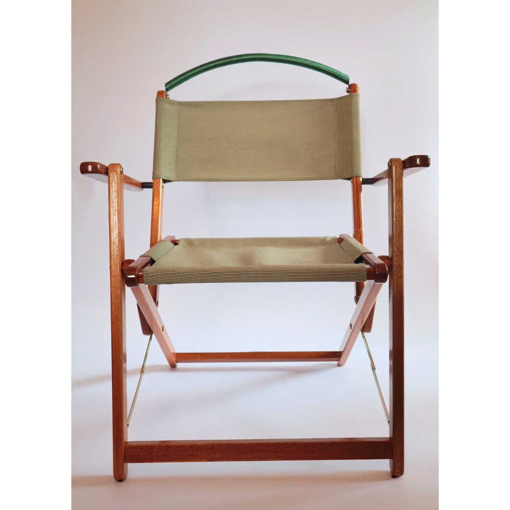 Folding chair in green material and wood frame