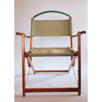 Folding chair in green material and wood frame