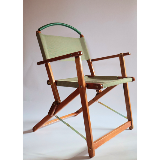 Folding chair in green material and wood frame