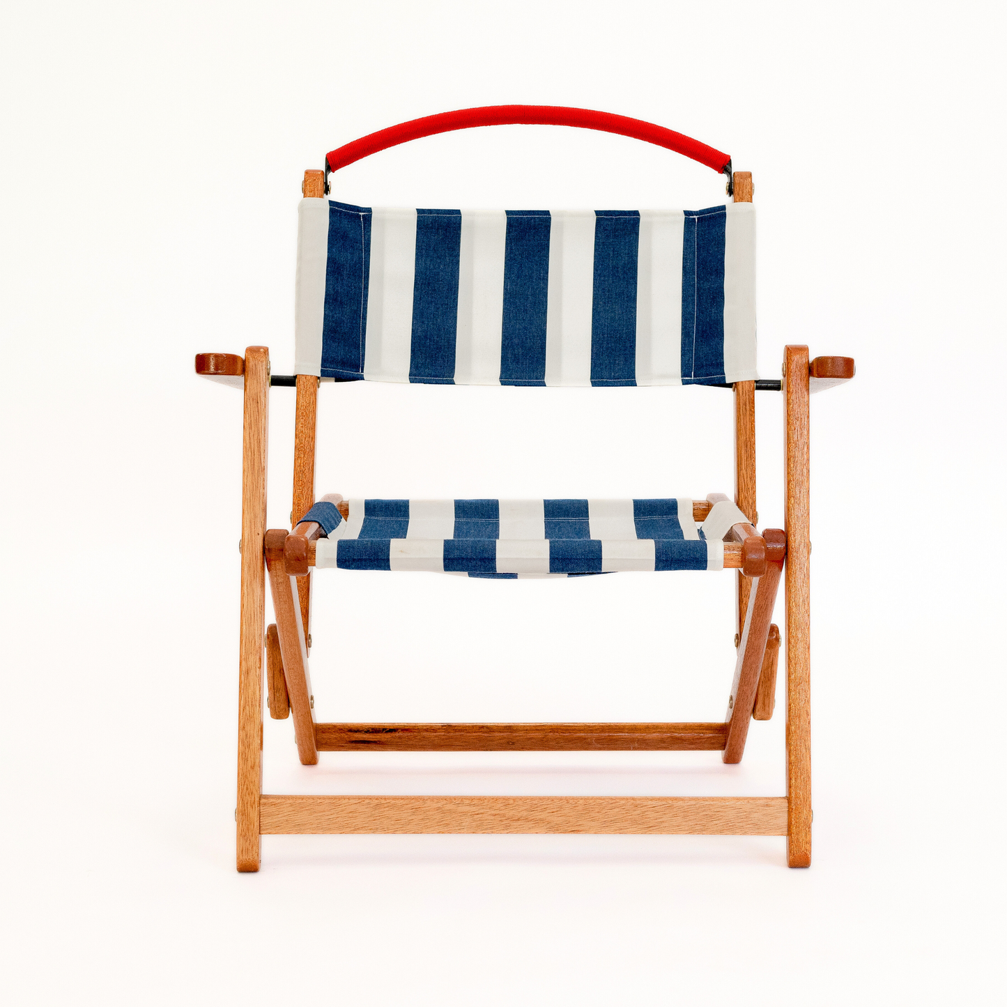 Blue and white striped folding picnic chair with red handle bar