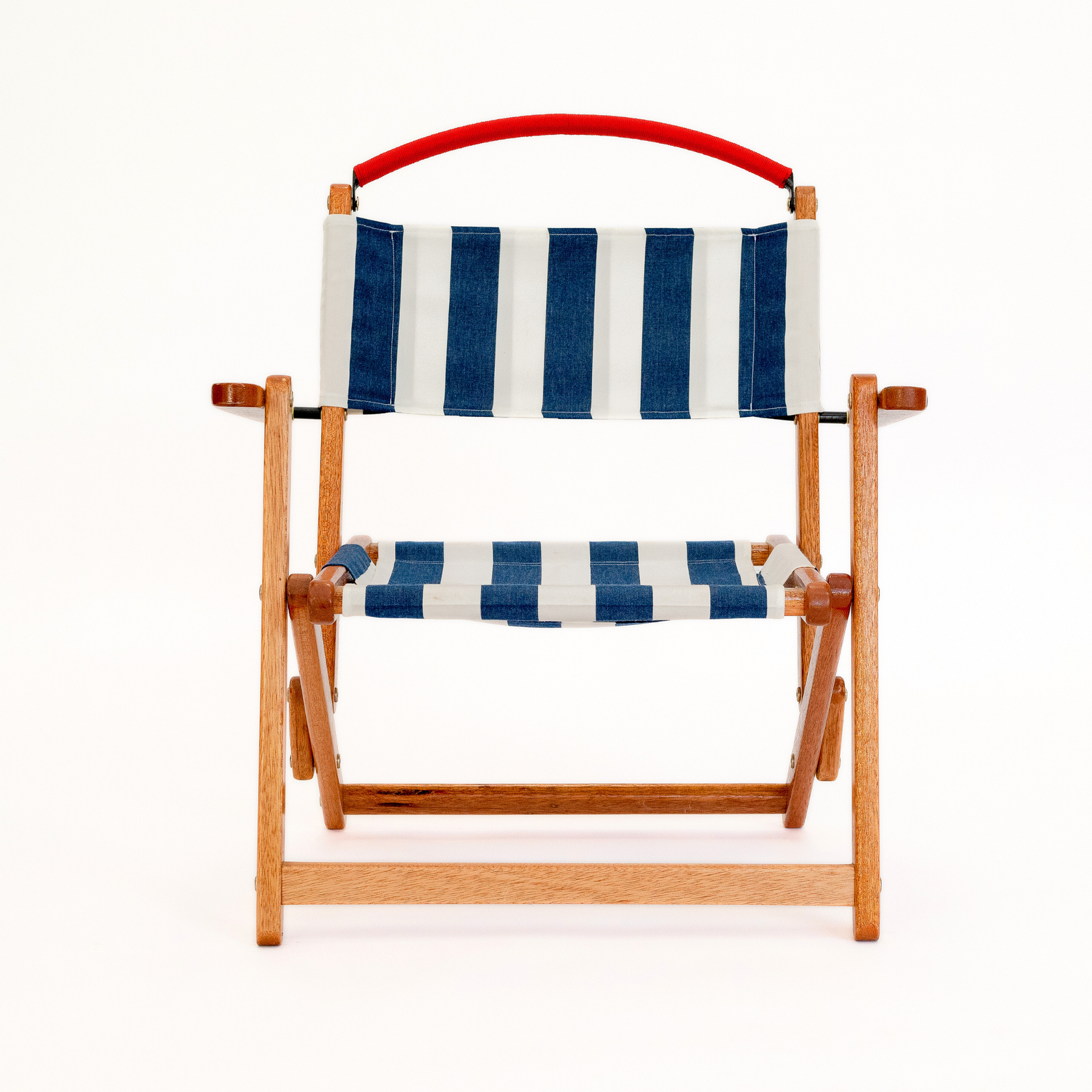 Blue and white striped folding picnic chair with red handle bar