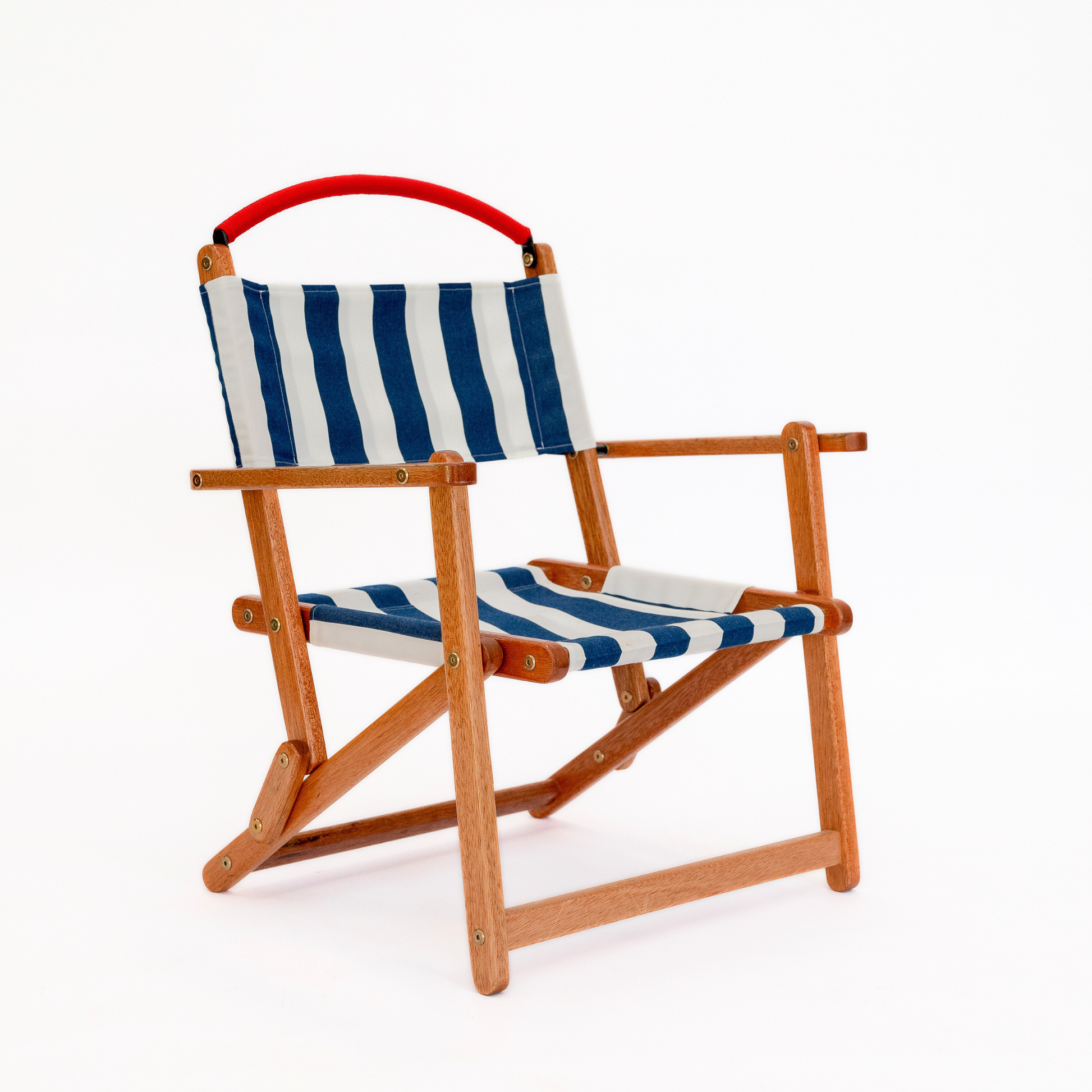 Blue and white striped folding picnic chair with red handle bar