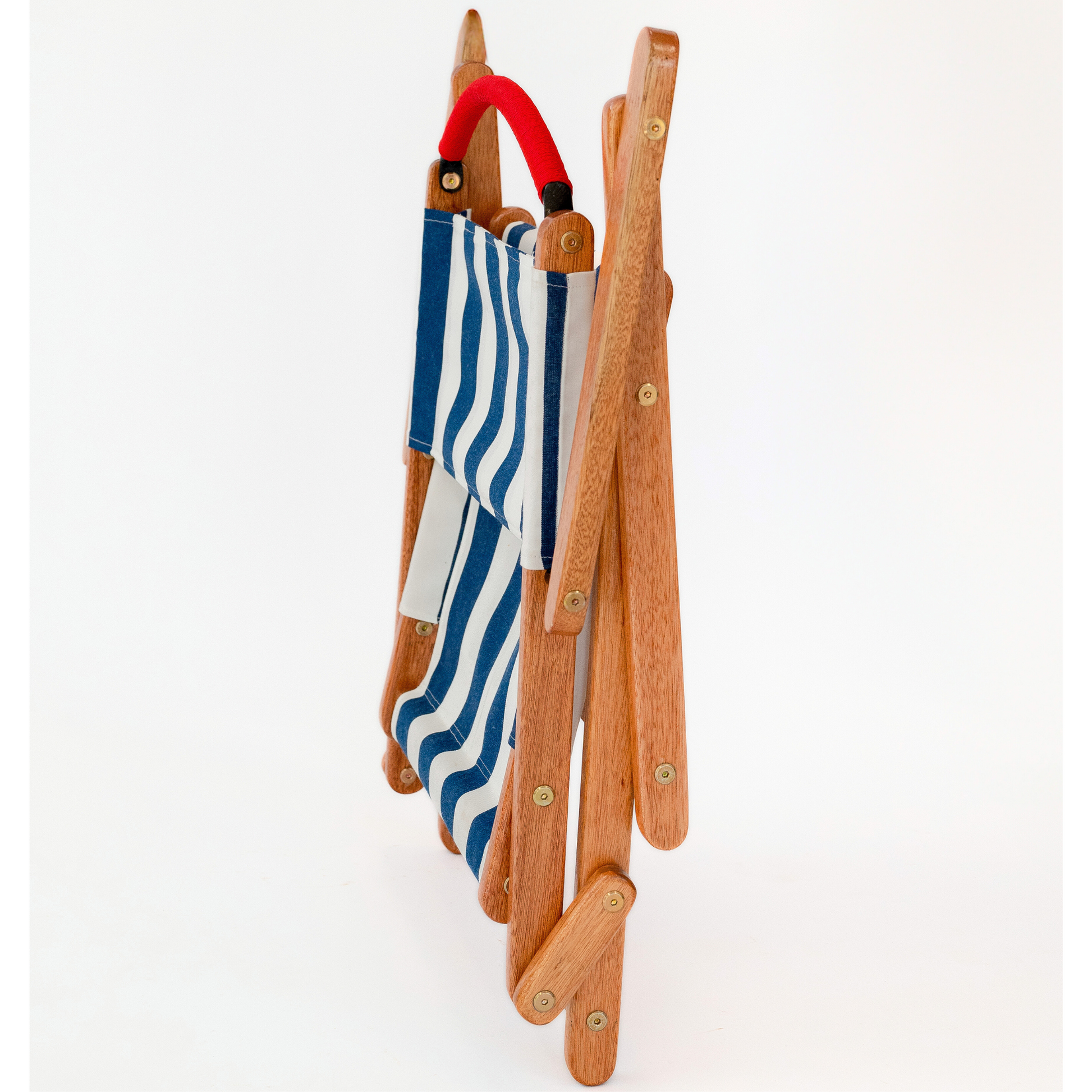 Blue and white striped folding picnic chair with red handle bar